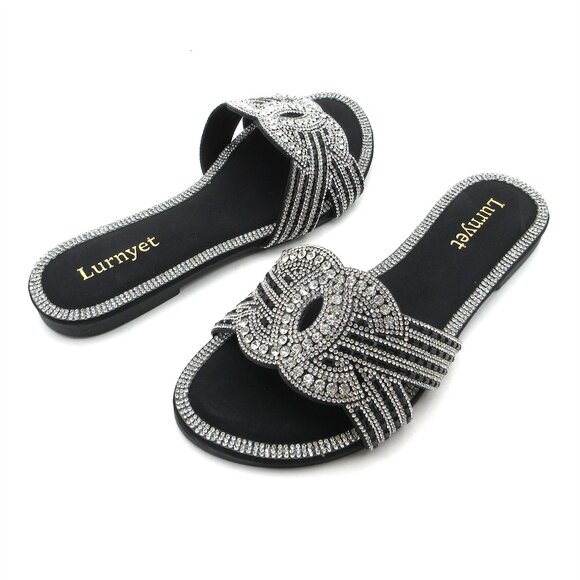 Lurnyet Women's Comfort Cushion Crystal Rhinestone Slide Flat Slip-On Sandals - Picture 4 of 6